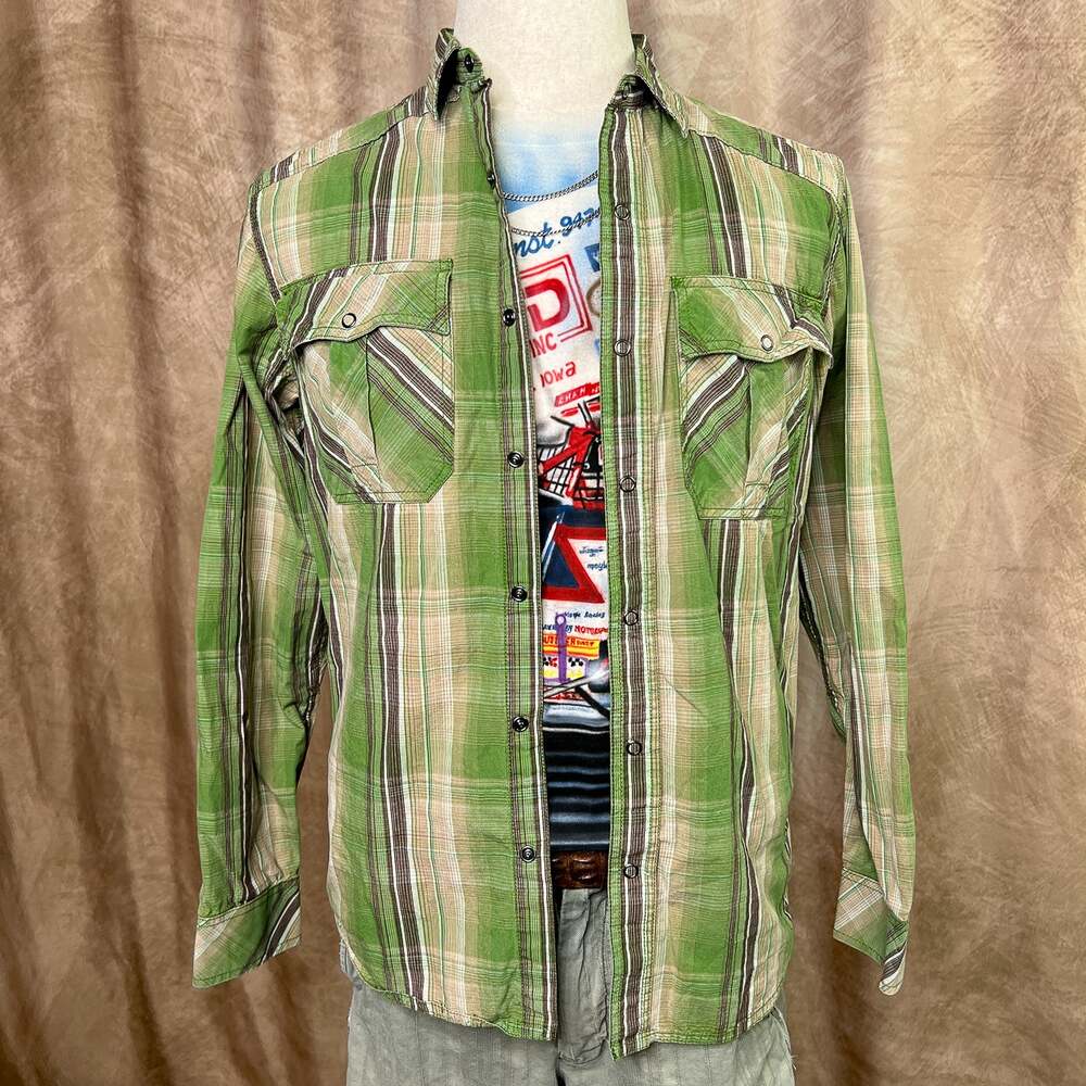 Prana Plaid Button Up Shirt Green Tan Snap Collared Long Sleeve Outdoor Fall